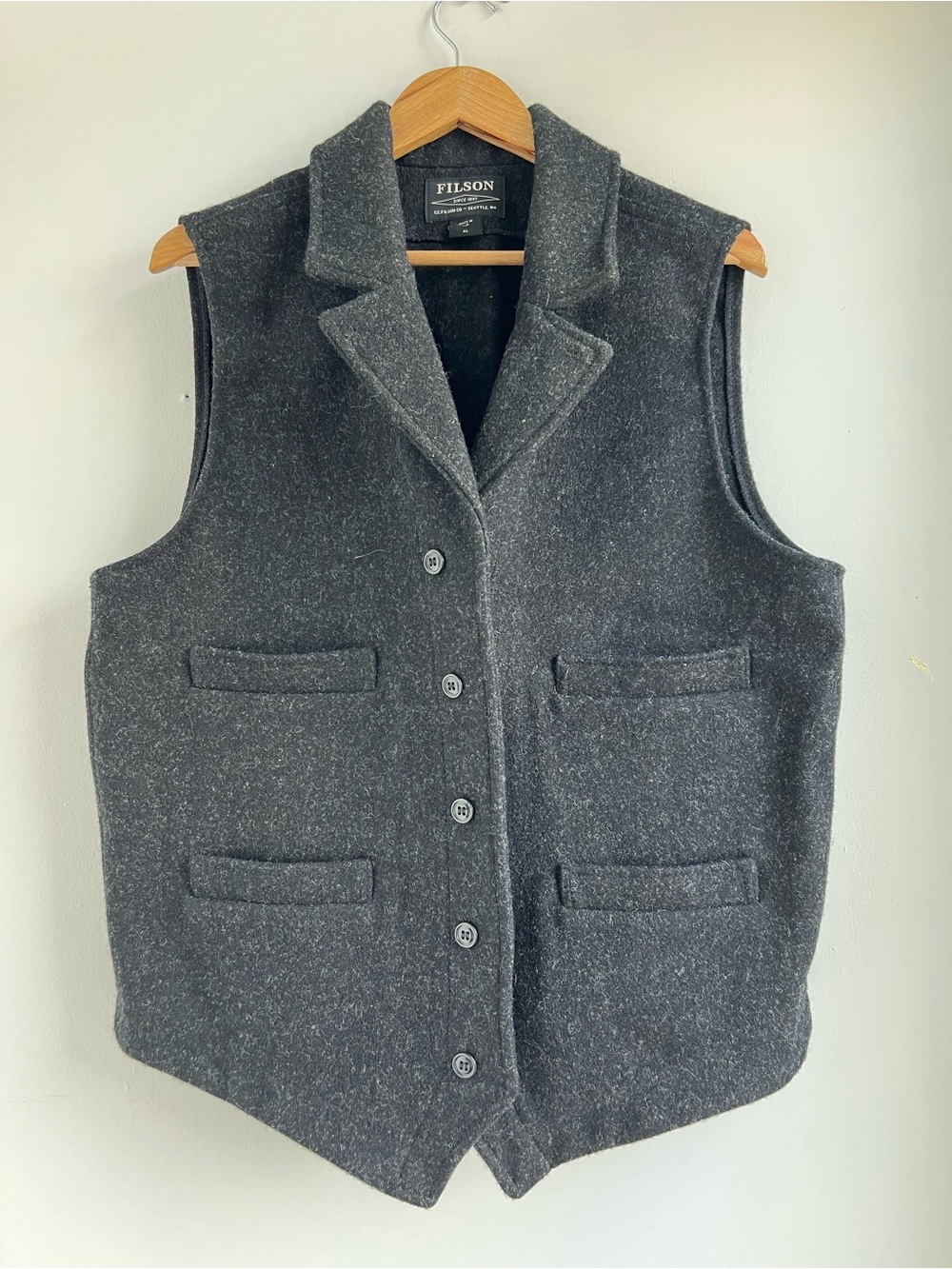Filson Mackinaw 100% Wool Western Vest Dark Gray Vest Made in USA Size XL